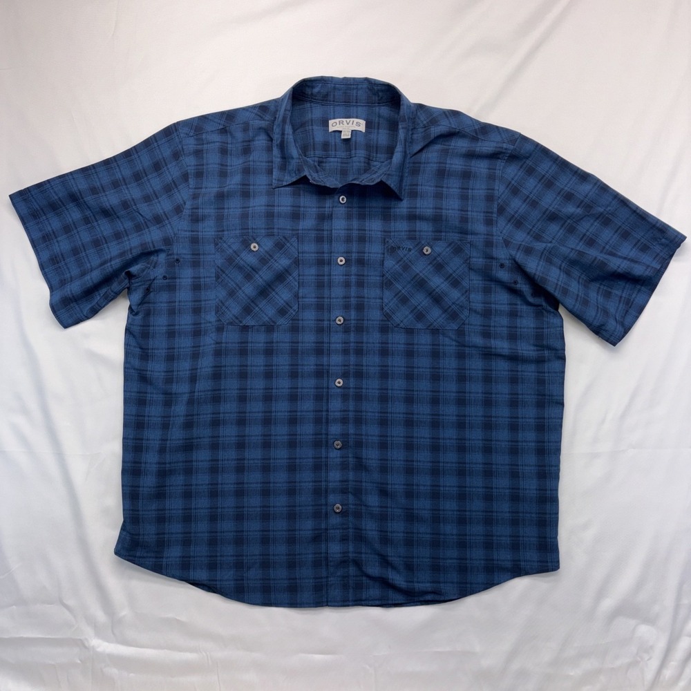 Orvis Shirt Men's Size XXL Blue Plaid Short-Sleeve Casual Outdoors Sporting